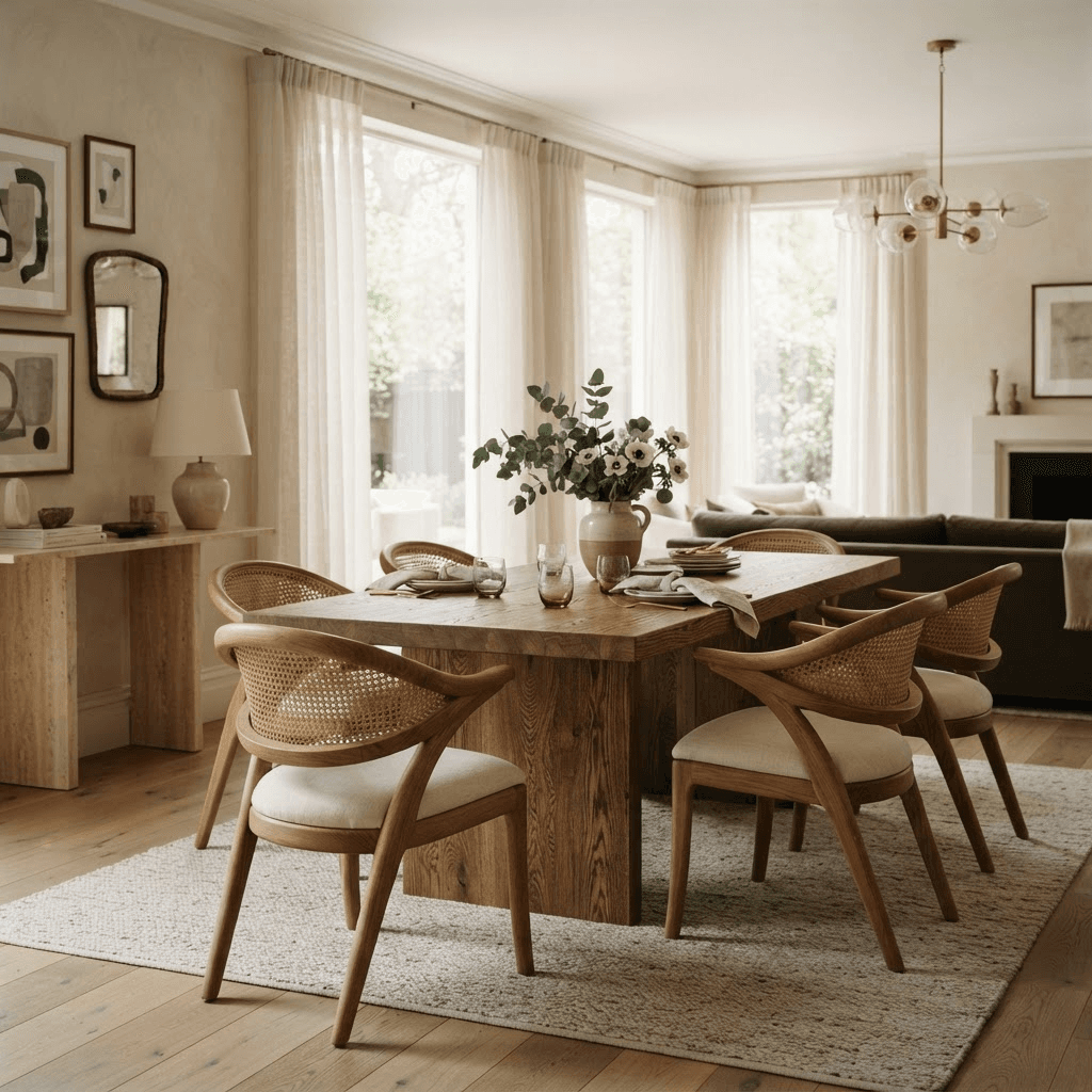 Oak dining table with sculptural chairs and sheer curtains