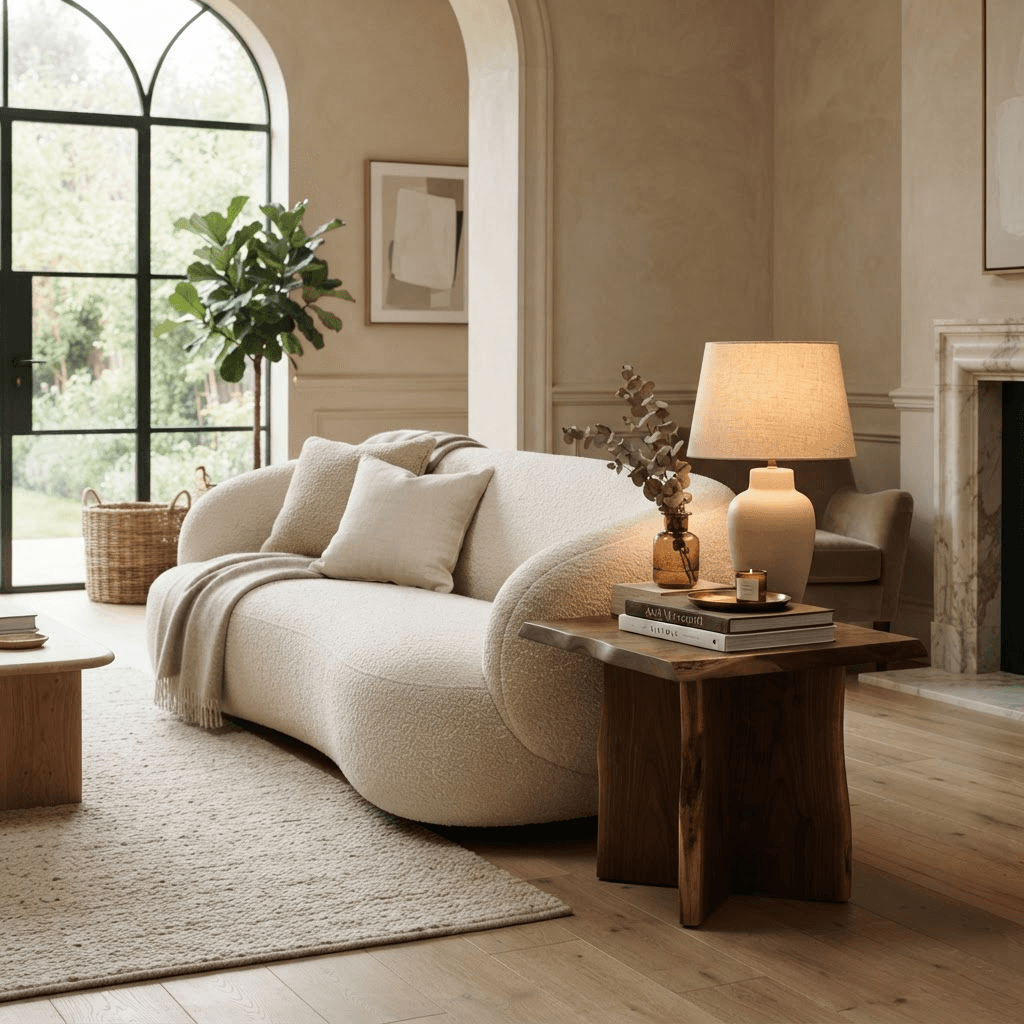 Cream boucle sofa with walnut side table in a sunlit living room