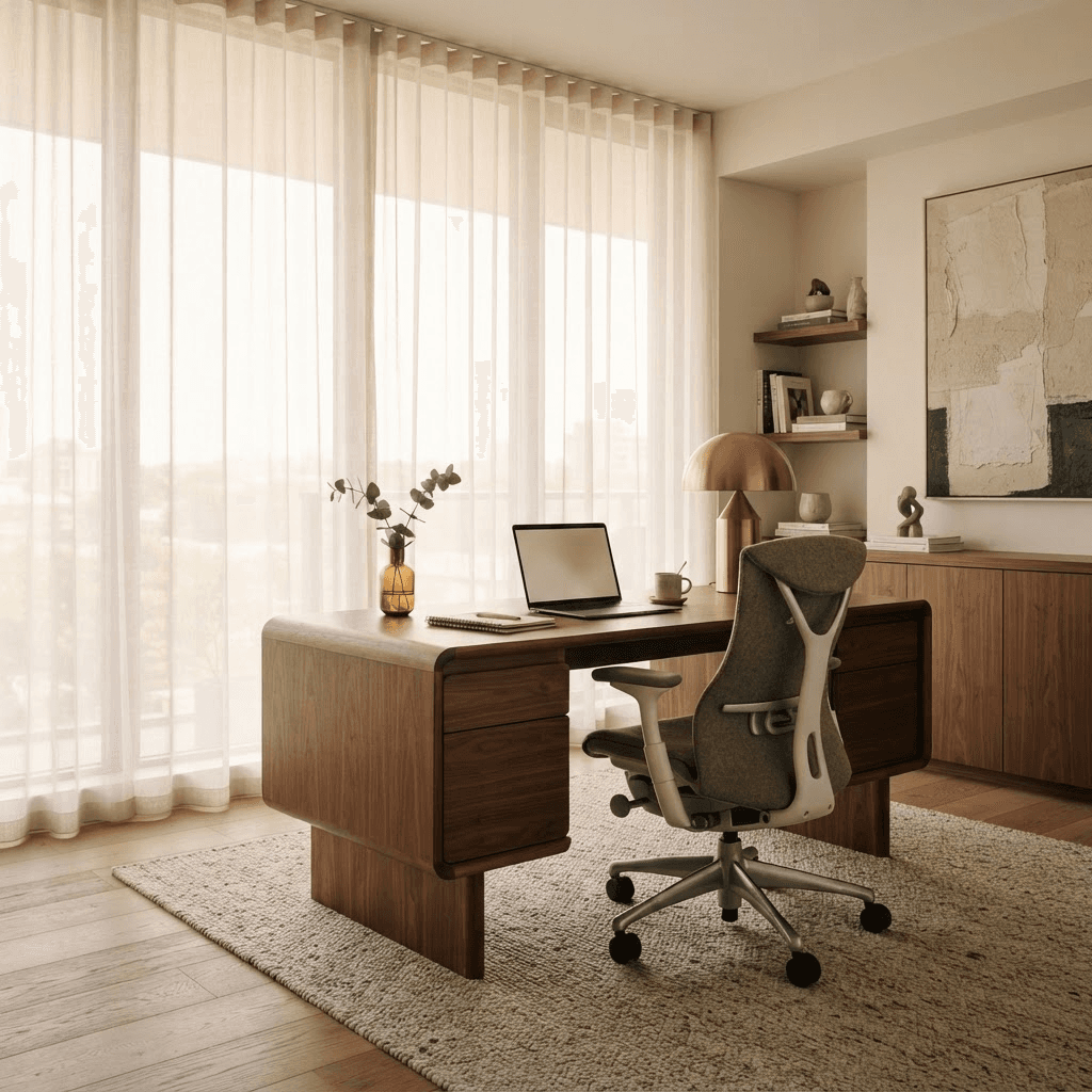Home office with a walnut desk and sheer shades